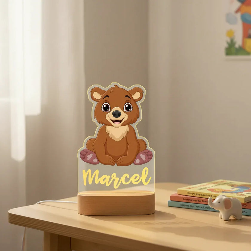 Brown Bear Personalized Animal Night Light Custom Name Acrylic Lamp for Baby’s Room or Kids’ Bedroom