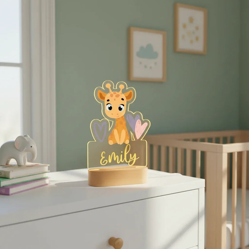 Giraffe with Hearts Personalized Animal Night Light Custom Name Acrylic Lamp for Baby and Kids Bedroom