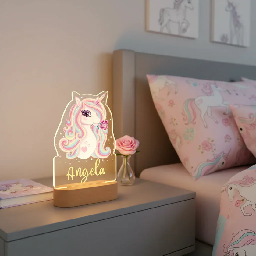 Sparkly Unicorn Personalized Night Light Custom Name Acrylic Lamp Baby Girl’s Room