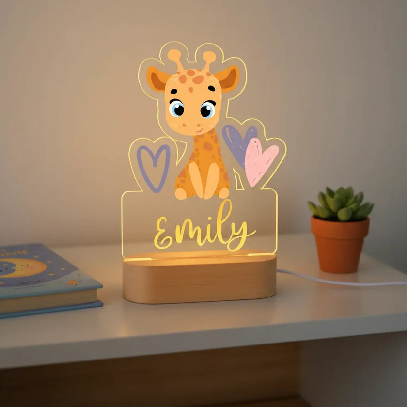 Giraffe with Hearts Personalized Animal Night Light Custom Name Acrylic Lamp for Baby and Kids Bedroom