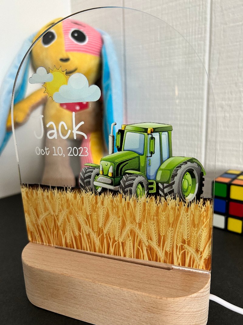 green tractor personalized night lamp for kids with name and date