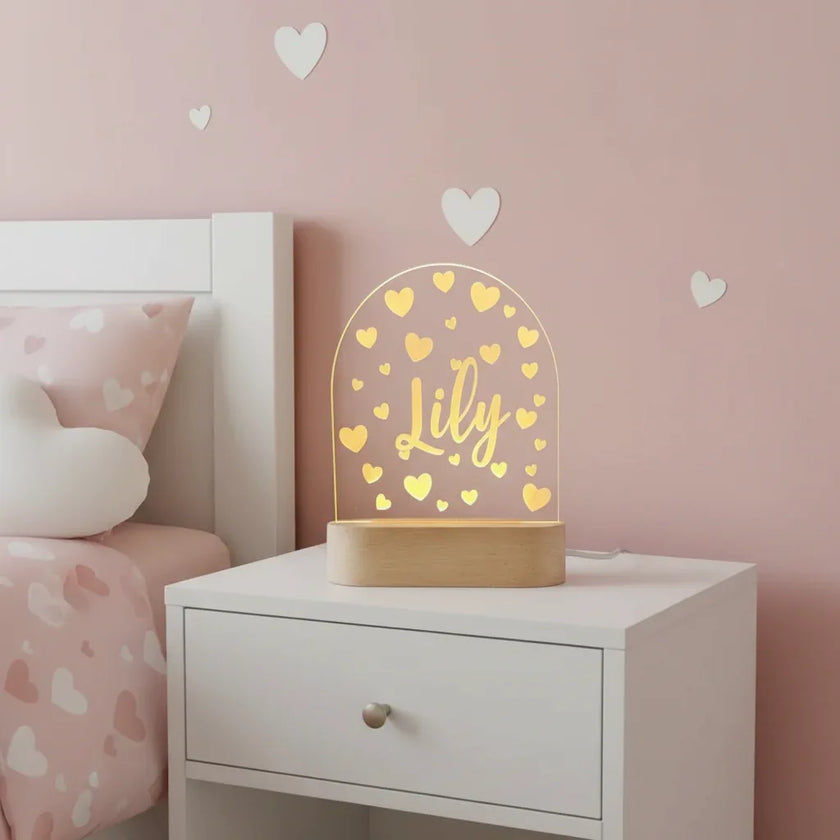 Personalized Hearts Night Light for Kids Custom Name Bedside Lamp - Custom Table Lamps