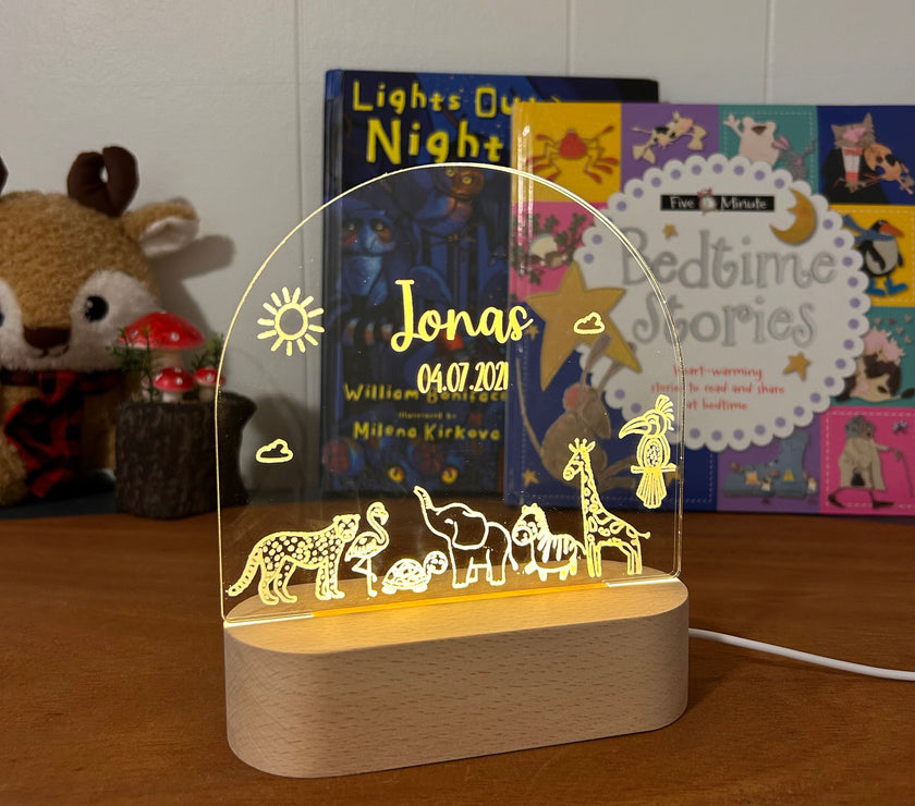 animal personalized night lamp for kids with custom name and date