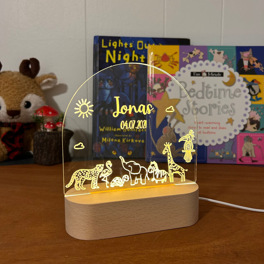 animal personalized night lamp for kids with custom name and date