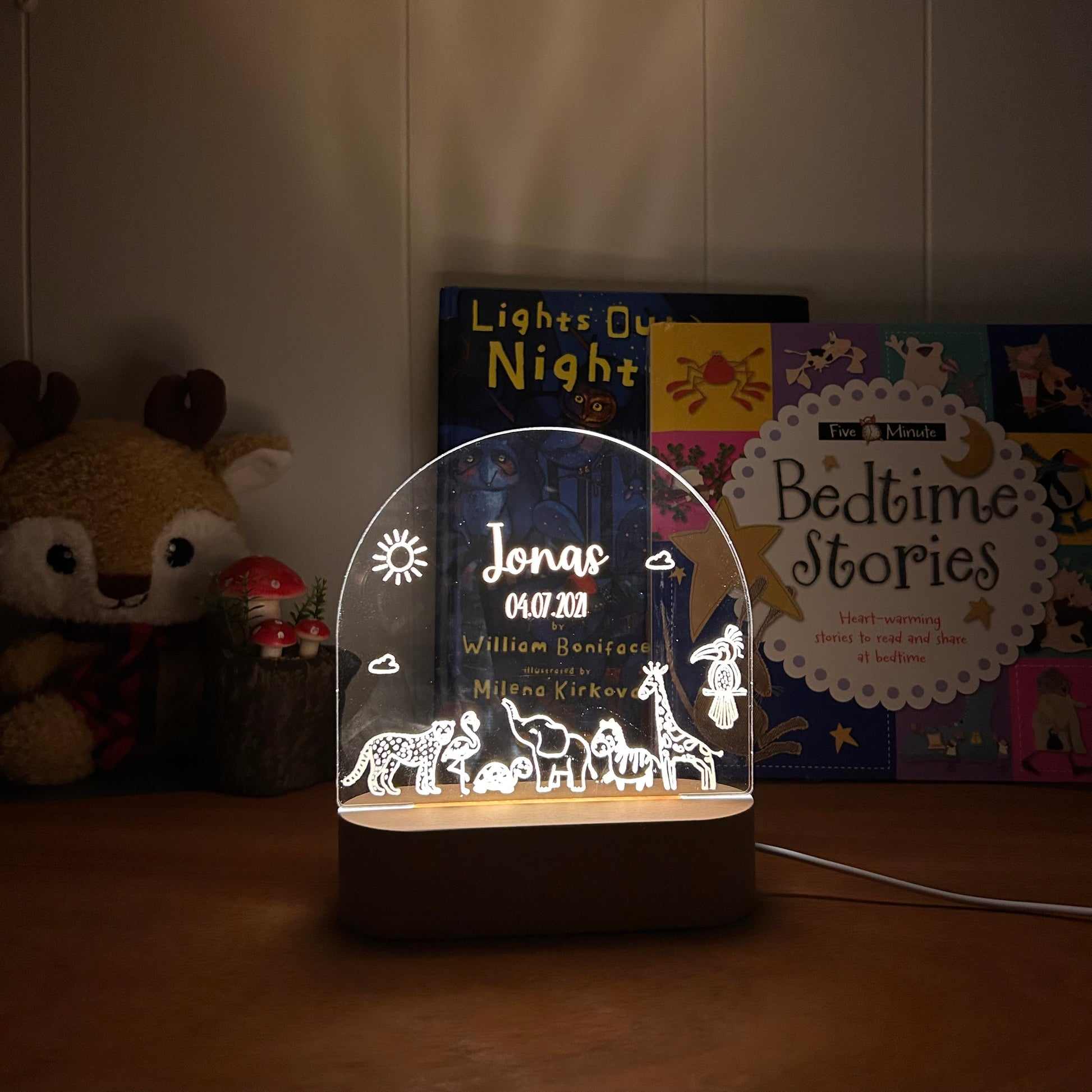 animal personalized night lamp for kids with custom name and date