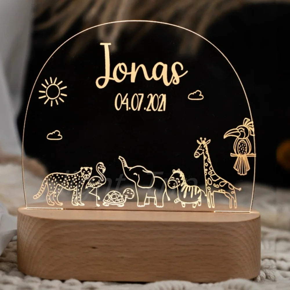 animal personalized night lamp for kids with custom name and date