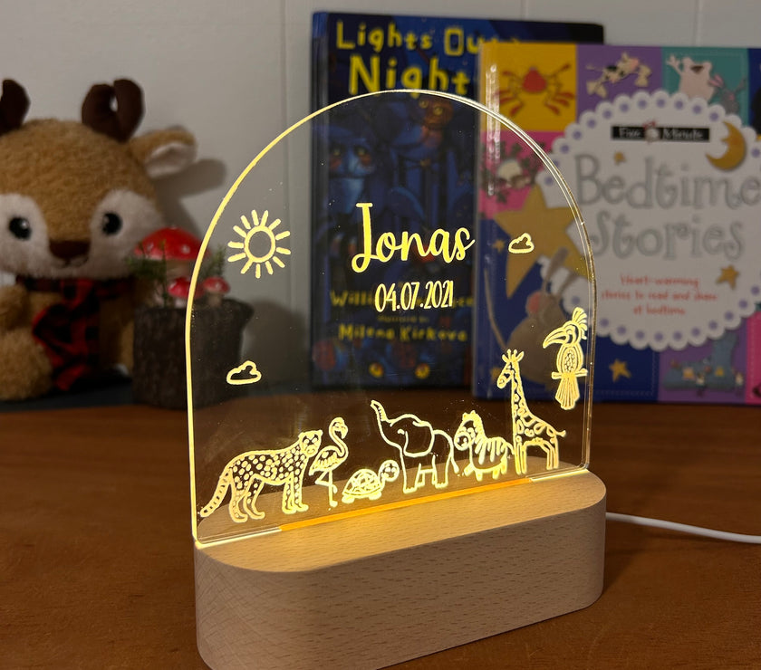 animal personalized night lamp for kids with custom name and date