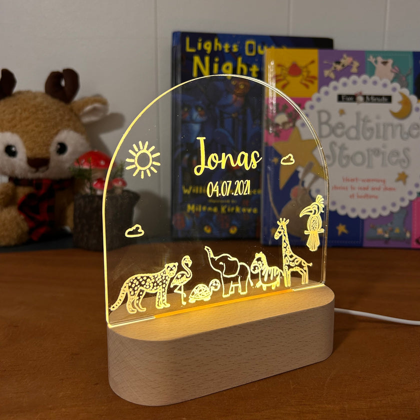 animal personalized night lamp for kids with custom name and date