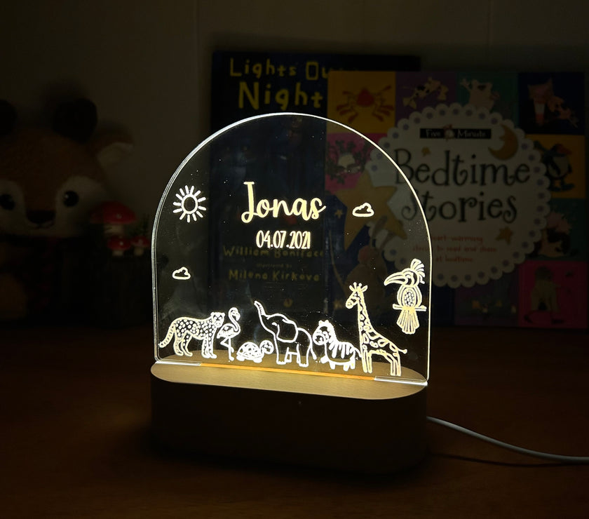 animal personalized night lamp for kids with custom name and date