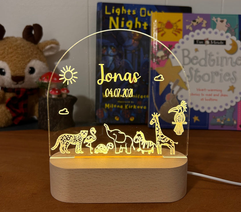 animal personalized night lamp for kids with custom name and date