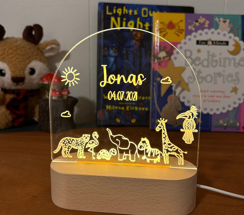 animal personalized night lamp for kids with custom name and date
