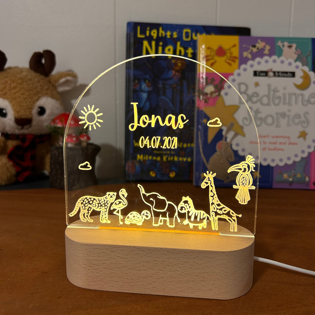animal personalized night lamp for kids with custom name and date