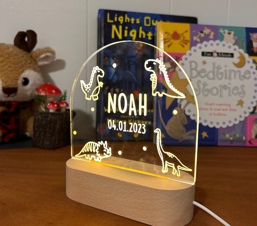 dinosaur personalized night lamp for kids with custom name and date