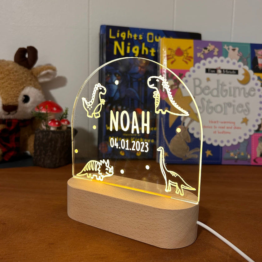 dinosaur personalized night lamp for kids with custom name and date