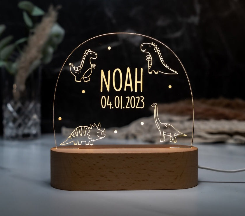 dinosaur personalized night lamp for kids with custom name and date