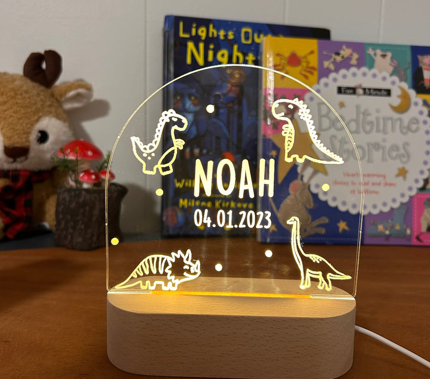 dinosaur personalized night lamp for kids with custom name and date