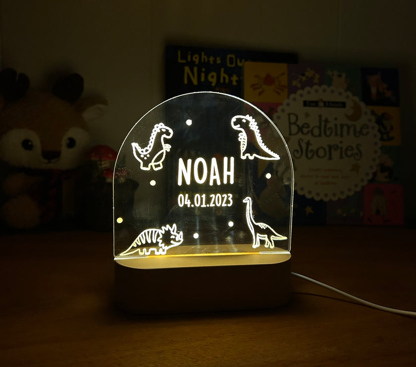 dinosaur personalized night lamp for kids with custom name and date