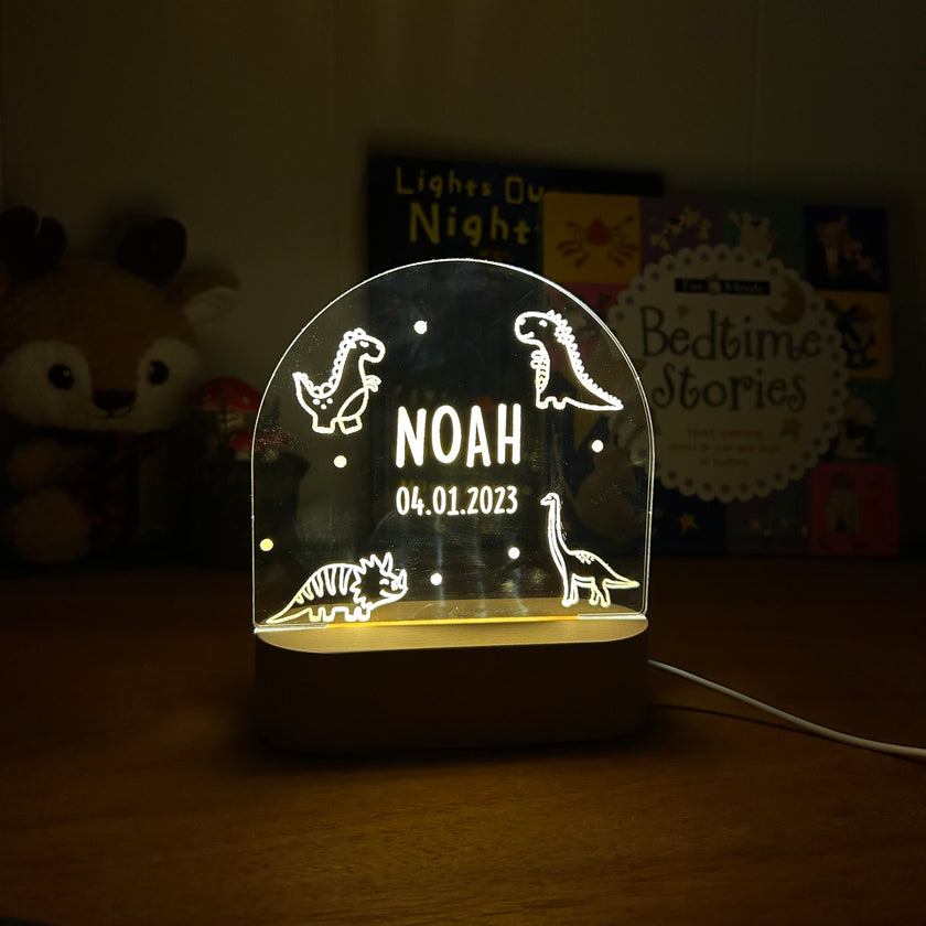 dinosaur personalized night lamp for kids with custom name and date