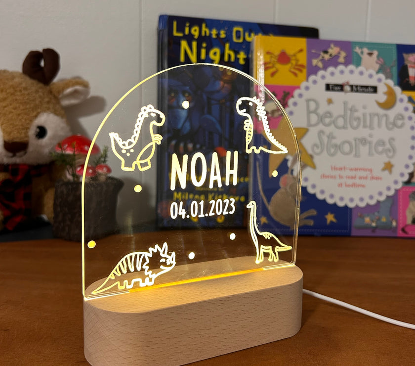 dinosaur personalized night lamp for kids with custom name and date