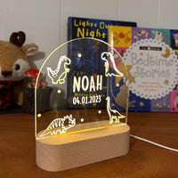 dinosaur personalized night lamp for kids with custom name and date