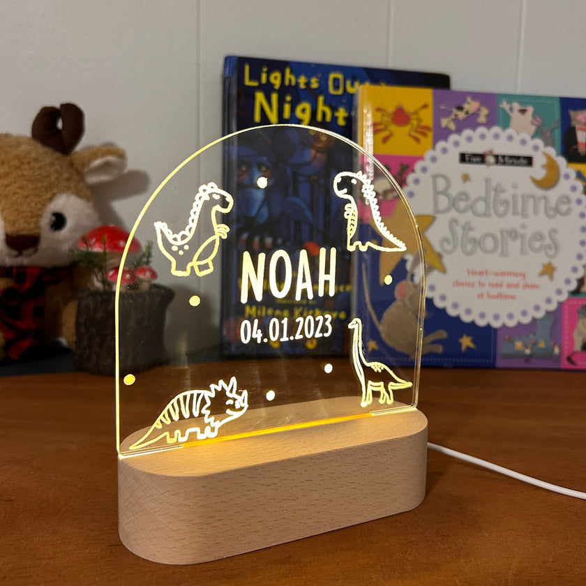 dinosaur personalized night lamp for kids with custom name and date