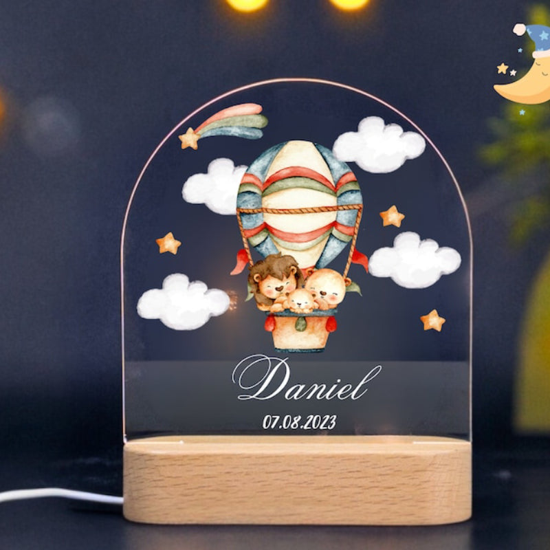 Lion family on hot air balloon personalized night light