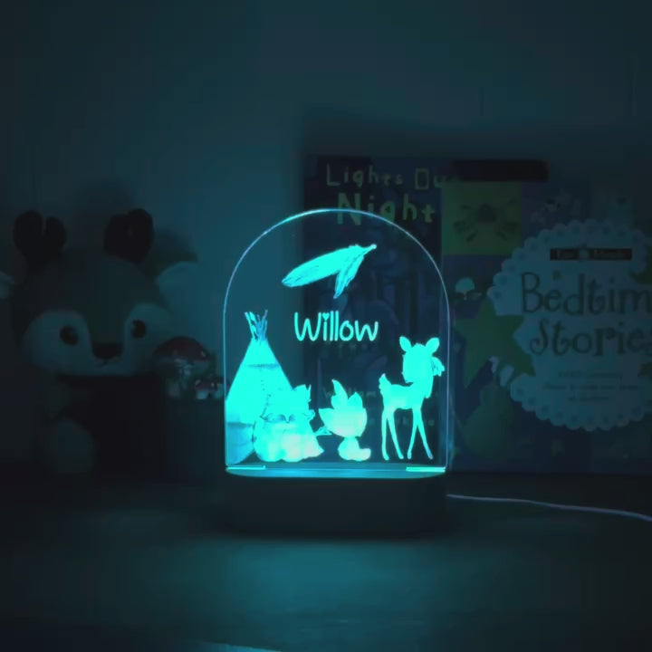 Personalized woodland teepee night lamp with custom name for kids bedtime and nursery
