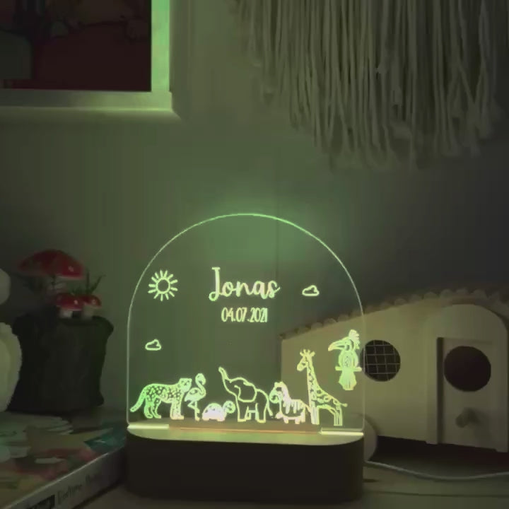 Personalized line-drawn animal night light with custom name for kids bedroom