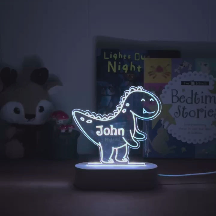Personalized velociraptor dinosaur night light with custom name for kids bedtime