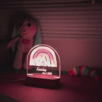Personalized woodland animal night light with rainbow and custom name for kids bedroom