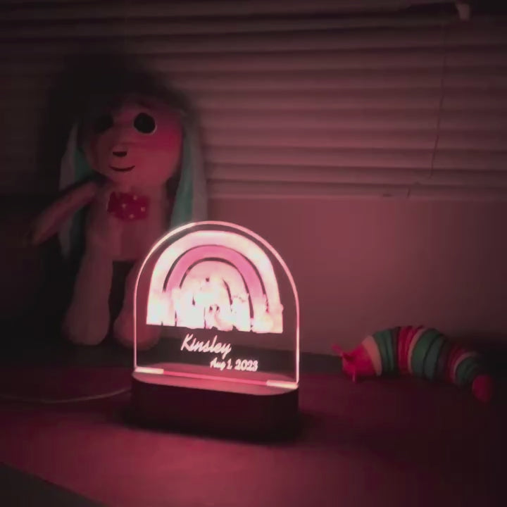 Personalized woodland animal night light with rainbow and custom name for kids bedroom