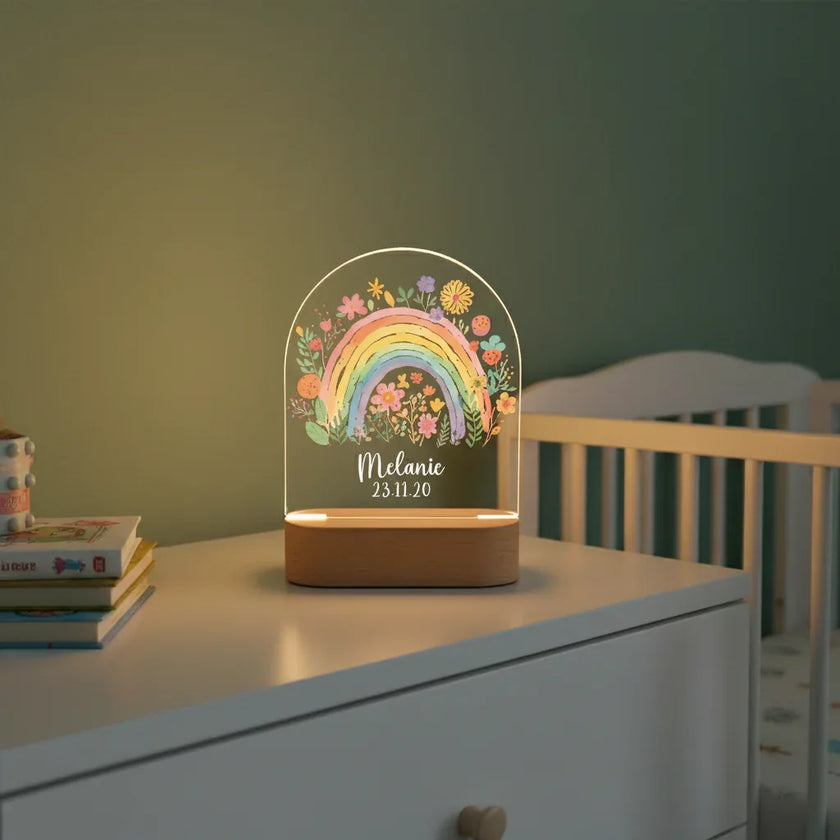 Personalized Rainbow and Flowers Night Light Custom Name Kids Lamp - Custom Table Lamps