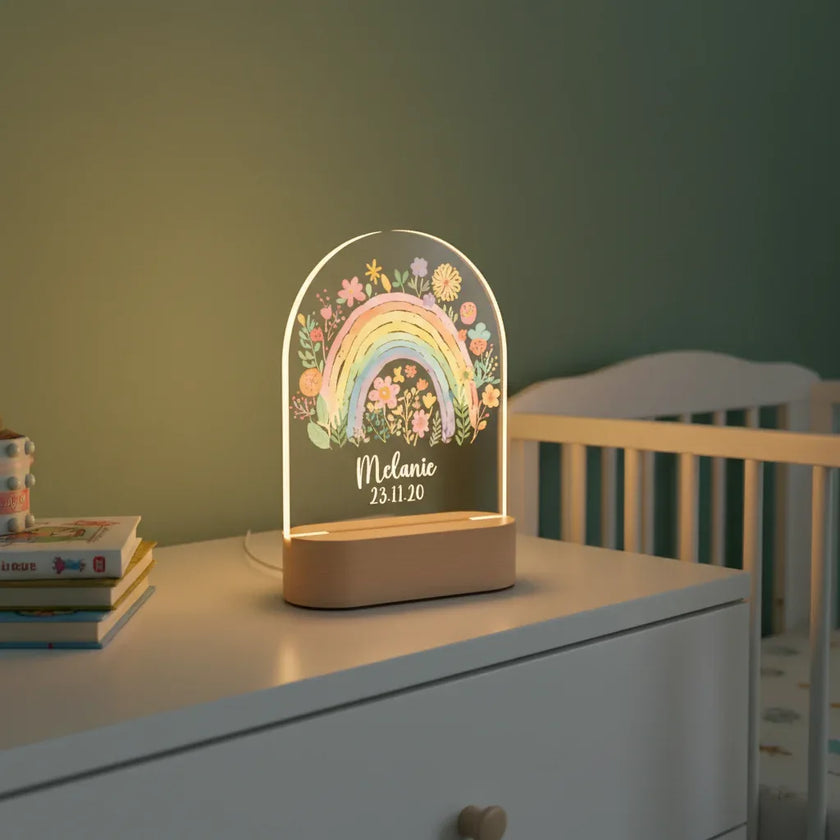 Personalized Rainbow and Flowers Night Light Custom Name Kids Lamp - Custom Table Lamps
