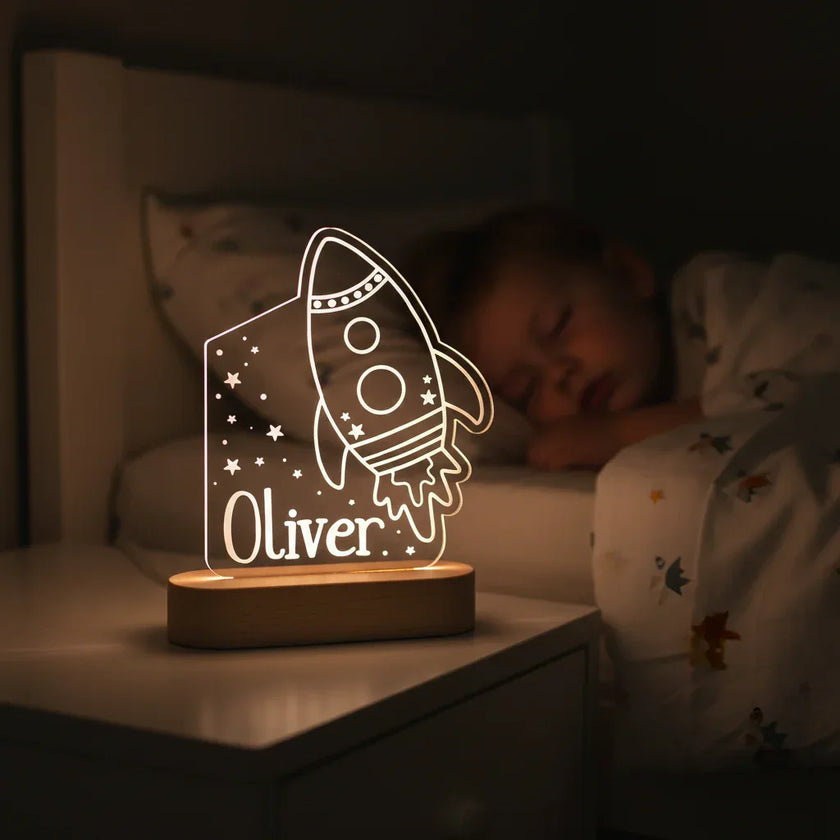 Rocket & Stars Personalized Night Light with Custom Name Light for Kids Bedroom - Custom Table Lamps