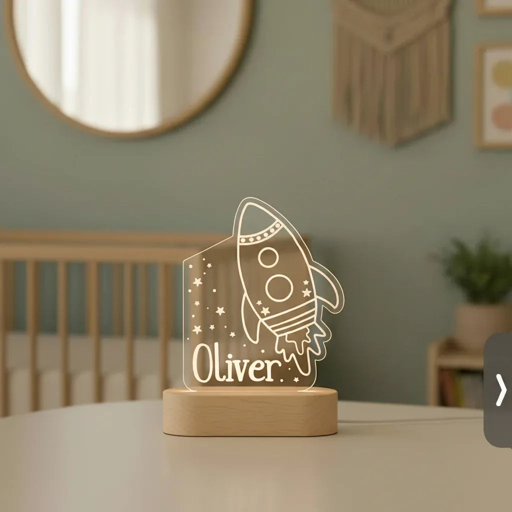 Rocket & Stars Personalized Night Light with Custom Name Light for Kids Bedroom - Custom Table Lamps