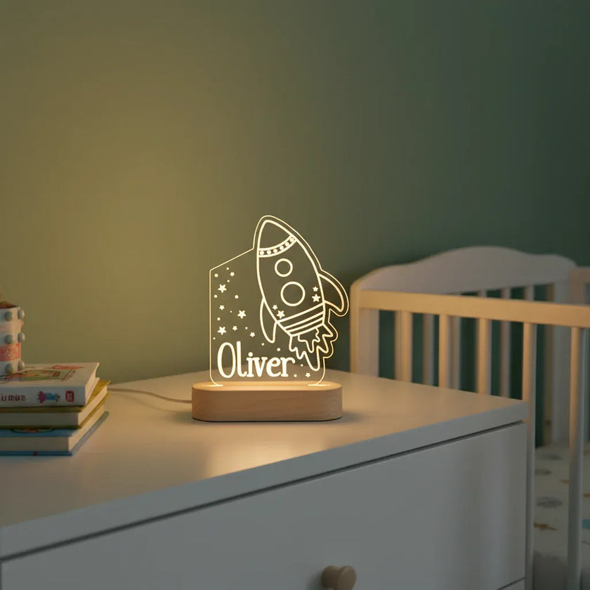 Rocket & Stars Personalized Night Light with Custom Name Light for Kids Bedroom - Custom Table Lamps