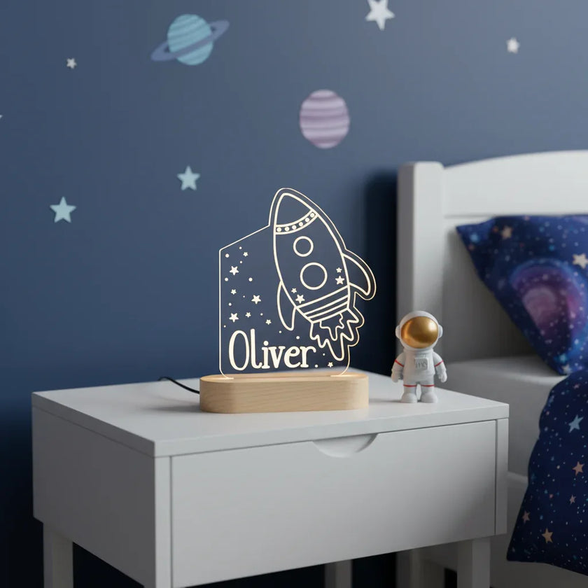 Rocket & Stars Personalized Night Light with Custom Name Light for Kids Bedroom - Custom Table Lamps