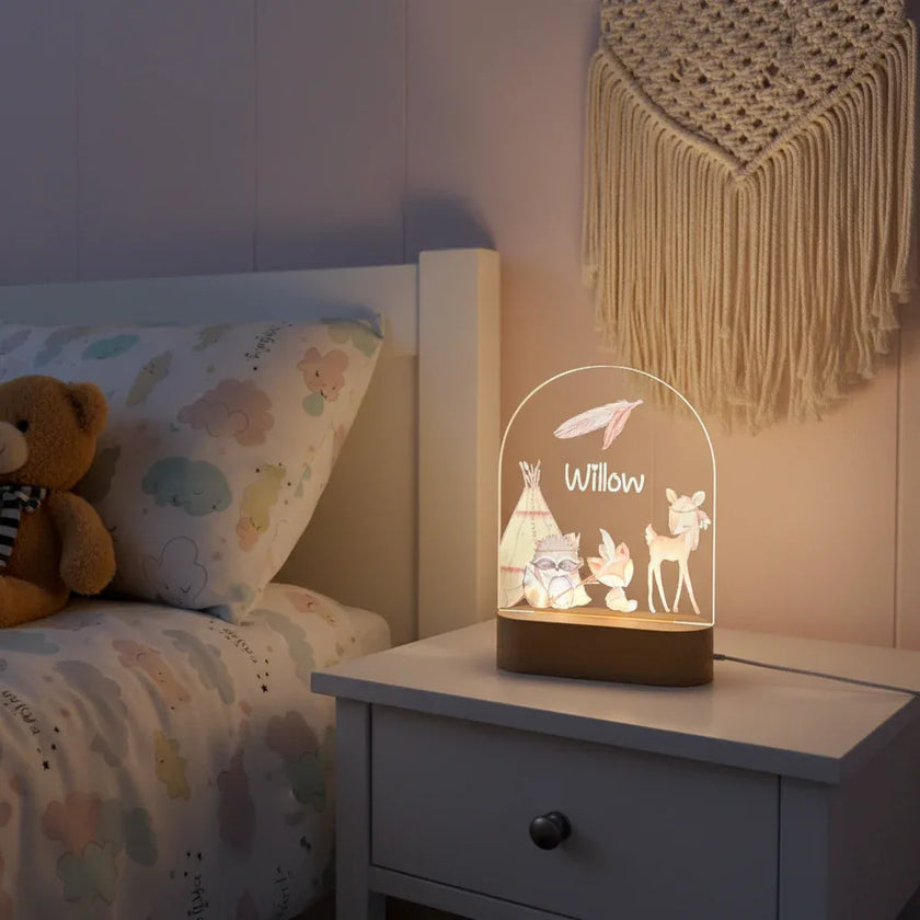 Personalized Woodland Teepee Night Light for Kids Custom Name Bedside Lamp - Custom Table Lamps