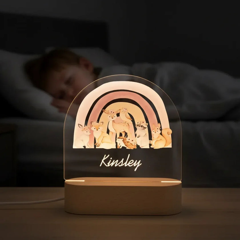 Personalized Woodland Animal & Rainbow Night Light for Kids Custom Name Bedside Lamp - Custom Table Lamps
