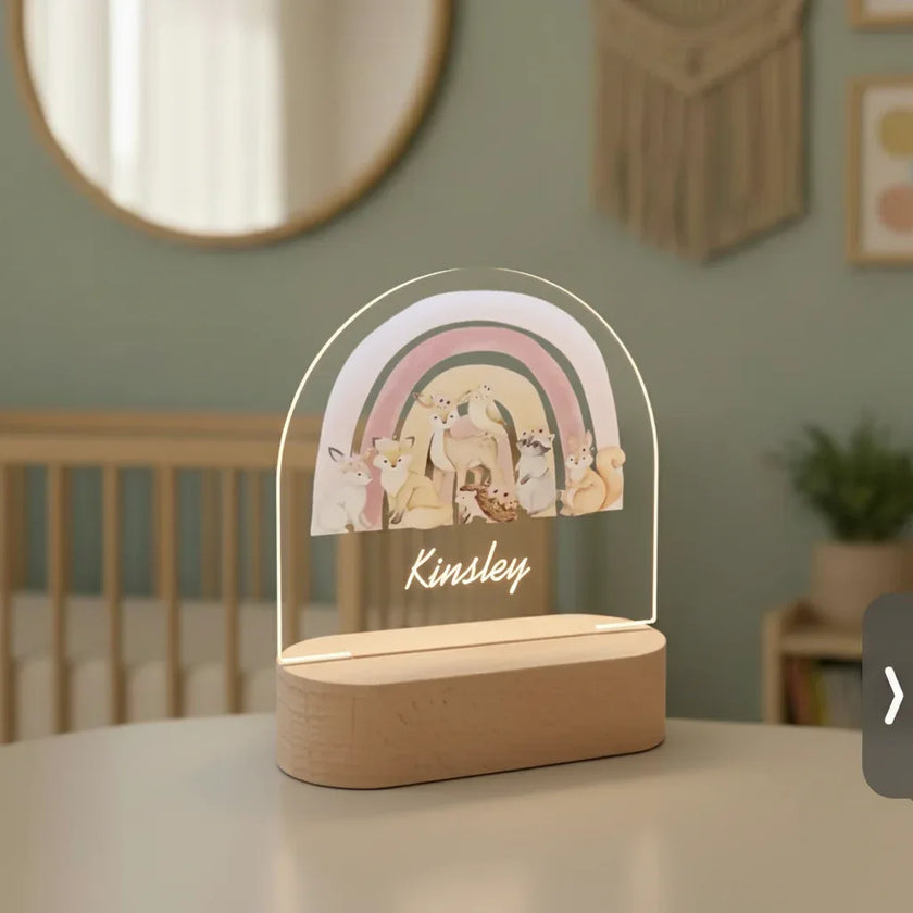Personalized Woodland Animal & Rainbow Night Light for Kids Custom Name Bedside Lamp - Custom Table Lamps