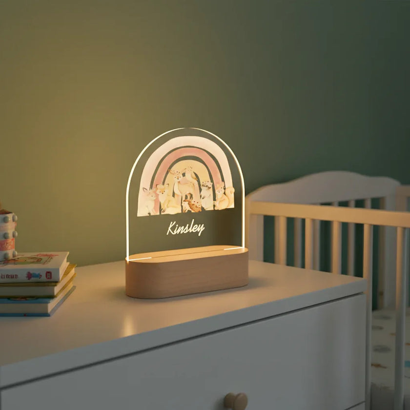 Personalized Woodland Animal & Rainbow Night Light for Kids Custom Name Bedside Lamp - Custom Table Lamps