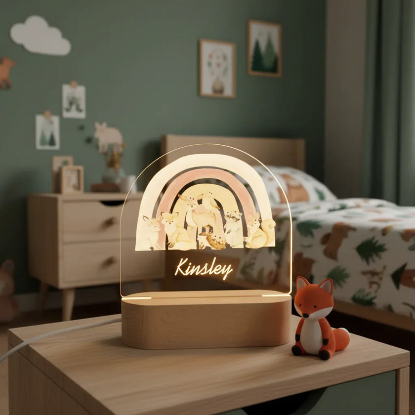 Personalized Woodland Animal & Rainbow Night Light for Kids Custom Name Bedside Lamp - Custom Table Lamps