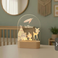 Personalized Woodland Teepee Night Light for Kids Custom Name Bedside Lamp - Custom Table Lamps