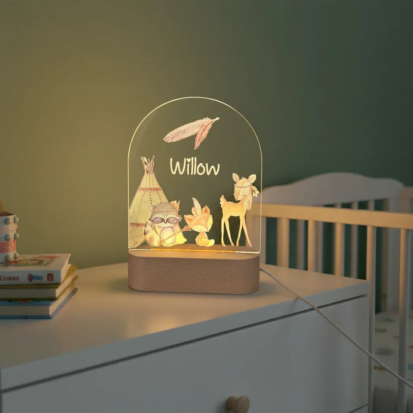 Personalized Woodland Teepee Night Light for Kids Custom Name Bedside Lamp - Custom Table Lamps