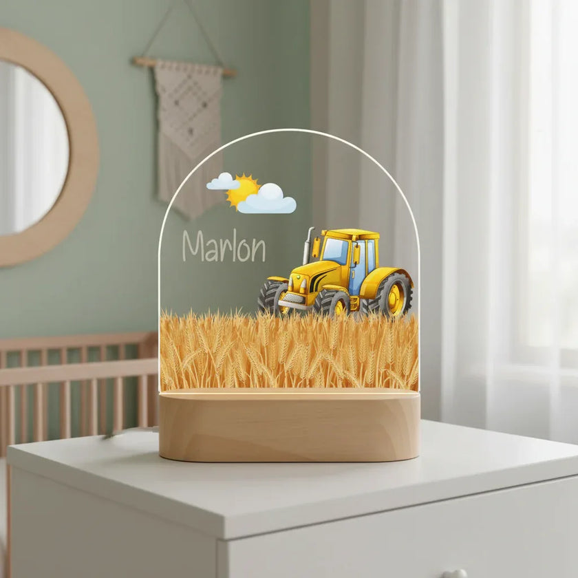 Yellow Tractor Personalized Night Light Custom Name Light for Kids' Nursery or Bedroom - Custom Table Lamps
